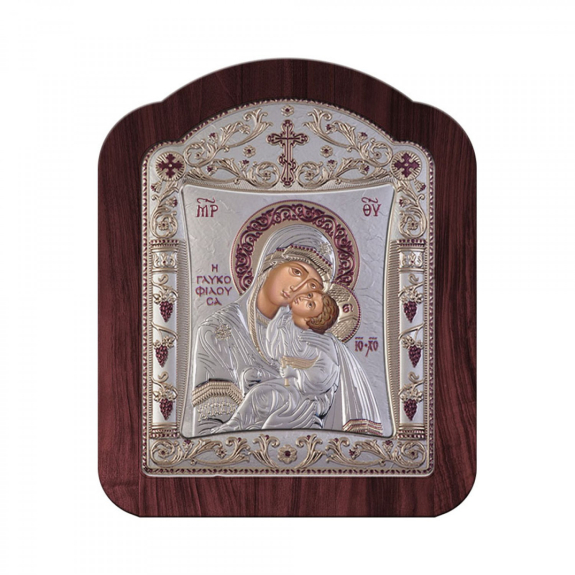 Εικόνα Παναγία Γλυκοφιλούσα Με Κλασικό Στεφάνι Από Ξύλο Με Φιλμ Ασημιού 925 18.2 * 14.3 cm