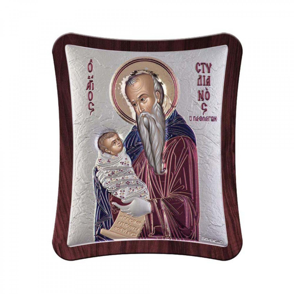 Εικόνα Άγιος Στυλιανός Από Ξύλο Με Φιλμ Ασημιού 925 12.9 * 11 cm